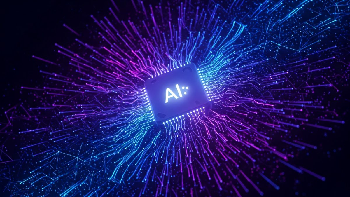 A glowing computer chip with the letters 'AI' at its centre, surrounded by a network of interconnected lines and light, representing artificial intelligence.