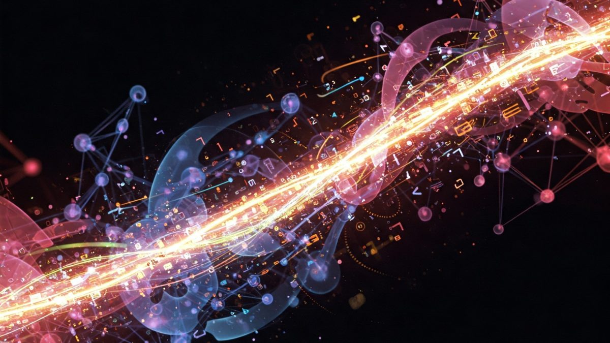 Digital artwork depicting a network of interconnected data points and glowing connections, symbolizing the interconnectedness of information in the digital age.
