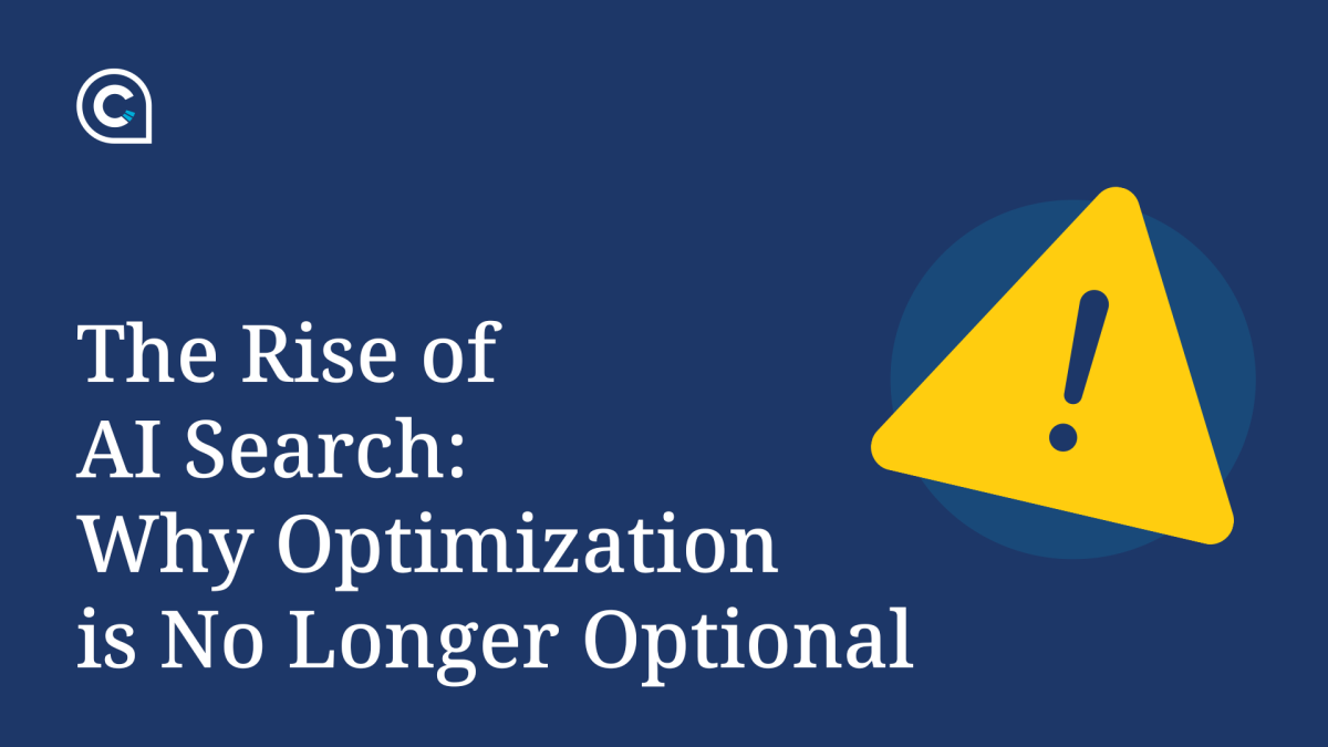 Banner image for blog post: ""The Rise of AI Search: Why Optimization is No Longer Optional,"" featuring a yellow warning sign with an exclamation point.